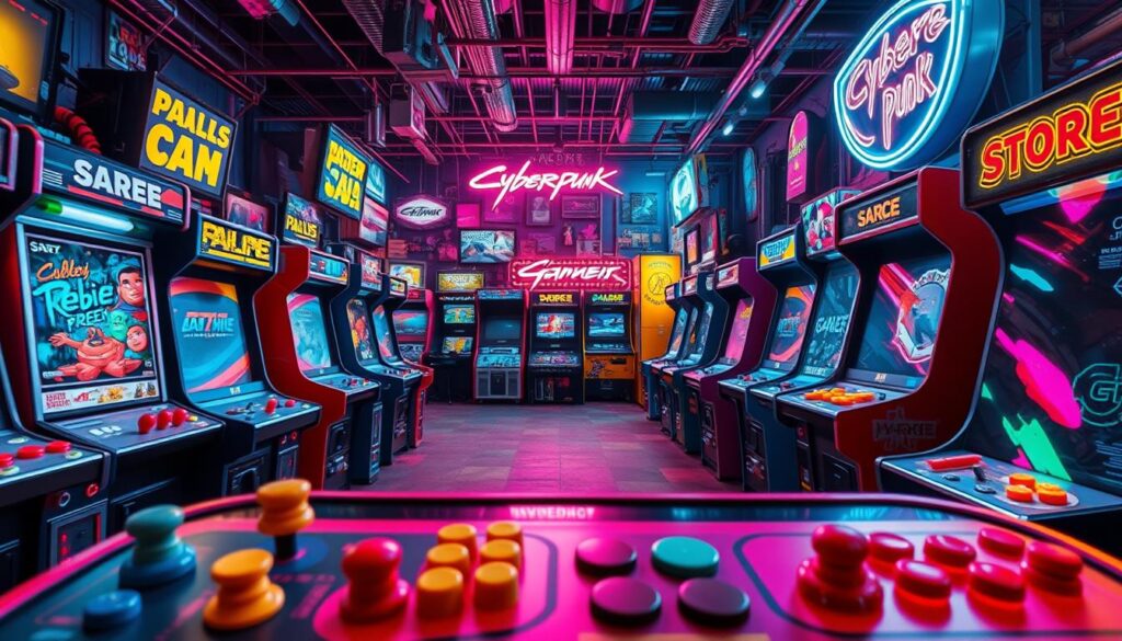A vibrant, richly detailed arcade filled with a diverse array of classic and modern gaming consoles. The foreground showcases an array of colorful joysticks, buttons, and screens, inviting players to dive into a world of interactive entertainment. The middle ground features a mix of retro and cutting-edge gaming systems, each with its own unique design and appeal. In the background, a dynamic, neon-lit environment sets the mood, with luminous signage and dazzling lighting effects that capture the energy and excitement of a thriving gaming hub. The overall scene conveys a sense of immersive, boundless gaming possibilities, reflecting the diversity and evolution of the industry.