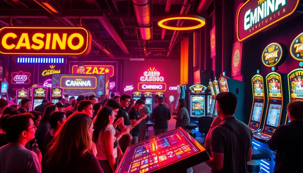 A vibrant scene depicting a promotional event for an online casino. In the foreground, a group of enthusiastic people gather around a brightly-lit display, captivated by the enticing offers and prizes on offer. In the middle ground, sleek, modern gaming terminals invite players to try their luck, while behind them, a backdrop of neon-lit signage and atmospheric lighting sets the stage for an immersive entertainment experience. The overall mood is one of excitement and anticipation, with a sense of energy and dynamism that captures the thrill of participating in a special gaming promotion.