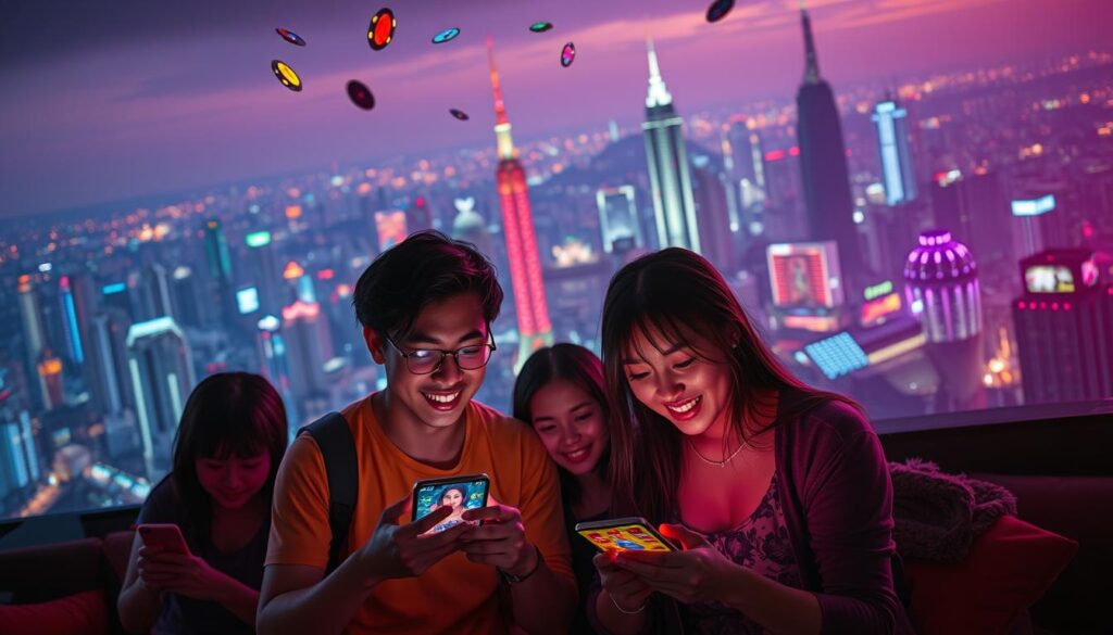 A vibrant scene depicting the unique preferences and demands of Taiwanese online casino players. In the foreground, a group of friends energetically engaged in a lively gaming session, their faces illuminated by the soft glow of mobile screens. The middle ground showcases a wide array of game icons and symbols, reflecting the diverse entertainment options sought by this demographic. In the background, a skyline of Taipei's bustling urban landscape serves as a backdrop, hinting at the cosmopolitan nature of the Taiwanese gaming community. The overall atmosphere conveys a sense of excitement, camaraderie, and a strong desire for immersive, personalized gaming experiences tailored to their distinct cultural tastes.