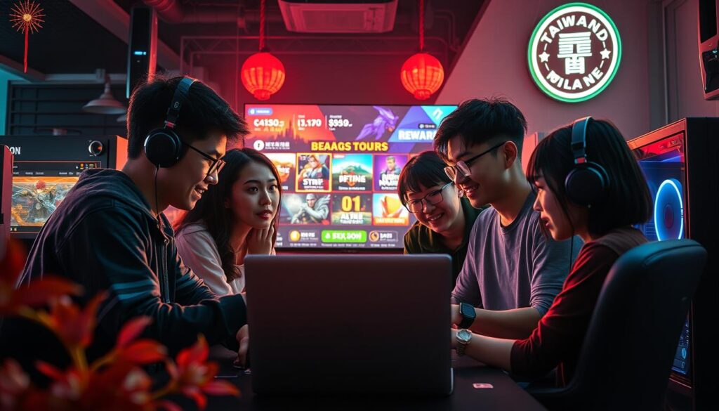 A vibrant scene of Taiwan gamers eagerly exploring online casino promotions and rewards. In the foreground, a group of young adults huddled around a laptop, animatedly discussing the latest bonus offers and game discounts. The middle ground features a dynamic display of colorful icons and visuals, enticing players with tantalizing deals. In the background, a sleek and modern gaming setup, complete with high-end PCs and state-of-the-art peripherals, sets the stage for an immersive and rewarding gaming experience. The composition is bathed in a warm, inviting glow, evoking a sense of excitement and anticipation among the players. Subtle hints of Taiwanese culture, such as decorative elements or symbolic motifs, subtly blend into the scene, underscoring the local relevance of the subject matter.