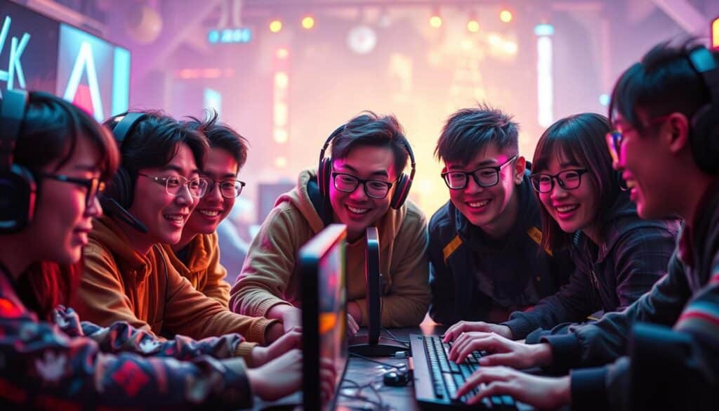 A vibrant scene of Taiwanese gamers immersed in their digital adventures. In the foreground, a group of friends huddle around a table, eyes fixed on their screens, fingers dancing across keyboards. Their expressions convey a mix of intense focus and infectious camaraderie, as they strategize and coordinate their virtual exploits. In the middle ground, the glow of multiple monitors illuminates their faces, casting a warm, almost ethereal light. The background blurs into a hazy, neon-tinged landscape, hinting at the high-stakes, high-energy world of online gaming that captivates these players. Vibrant colors, dynamic poses, and a palpable sense of enthusiasm and determination capture the essence of the Taiwanese gaming mindset - a blend of skill, passion, and the thrill of triumph.