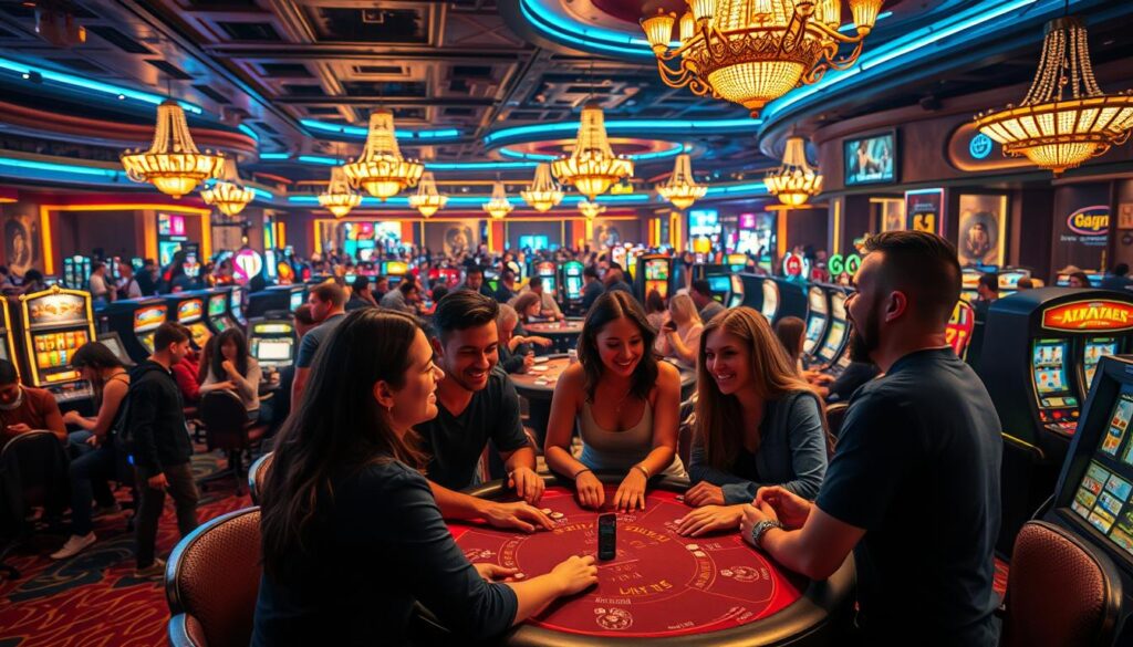 A vibrant scene of a bustling casino, capturing the social energy and excitement of the gaming floor. In the foreground, a group of friends gathered around a lively blackjack table, laughter and camaraderie filling the air. The middle ground features the diverse crowd of players, each immersed in their favorite games, from the slot machines to the roulette wheels. The background showcases the lavish decor of the casino, with ornate chandeliers casting a warm, inviting glow over the scene. The lighting is dramatic, with subtle shadows and highlights accentuating the dynamic movements of the patrons. A sense of anticipation and togetherness permeates the atmosphere, reflecting the social appeal of the casino experience.
