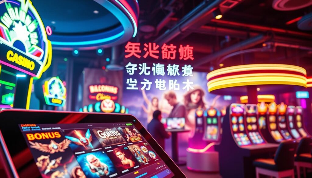 A vibrant scene of a casino-style online gaming experience, with a captivating promotional display at the center. Neon lights and shimmering graphics create an eye-catching atmosphere, inviting players to explore the enticing offers and bonuses. In the foreground, a sleek digital interface showcases various gaming options, each with its own distinct visual flair. The middle ground features a dynamic, animated backdrop, suggesting the excitement and energy of the online casino environment. The overall composition conveys a sense of modern luxury, technological advancement, and the allure of potential rewards, perfectly capturing the essence of the "優惠活動" section for the article.