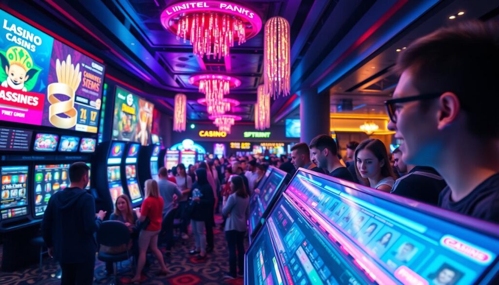 A vibrant scene of a digital casino promotion event. In the foreground, a dynamic display showcases various casino games and promotional offers, drawing the viewer's attention with its eye-catching design and bold colors. In the middle ground, a crowd of enthusiastic players engages with the activities, their expressions of excitement and anticipation captured in a lively, natural manner. The background features a sleek, modern casino interior, with sophisticated lighting and a sense of energy and anticipation. The overall atmosphere conveys a sense of excitement, opportunity, and the thrill of potential winnings, setting the stage for the article's exploration of diverse profit-generating strategies in the online gaming industry.