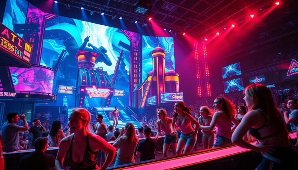 A vibrant scene of a live-action game show unfolds, with a group of enthusiastic contestants competing in a series of thrilling challenges. The foreground features the contestants dressed in colorful costumes, their expressions filled with excitement and determination as they navigate through the dynamic obstacles. The middle ground showcases the game's elaborate set design, with towering structures, interactive elements, and a lively audience cheering them on. In the background, a large, immersive screen displays dynamic visuals and graphics that seamlessly integrate with the physical environment, creating a captivating and immersive experience. The lighting is sharp and dramatic, casting dynamic shadows and highlights that accentuate the energy and suspense of the game. The overall atmosphere conveys a sense of fun, adventure, and the thrill of live entertainment.
