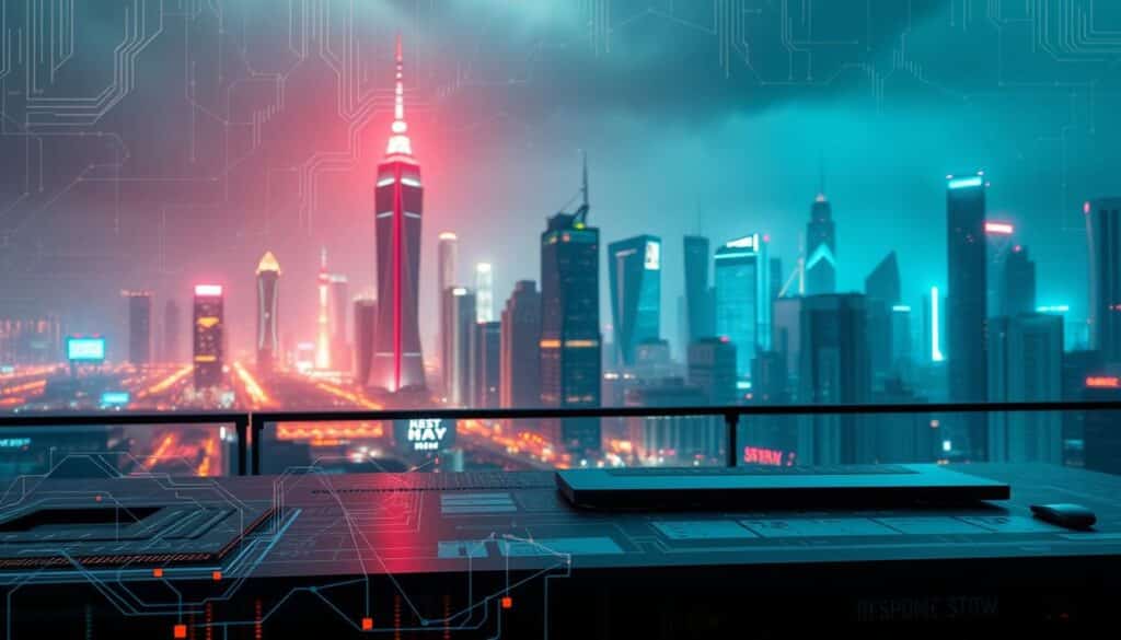 A vibrant scene of a modern gaming website, showcasing its technical optimization. In the foreground, intricate lines of code and algorithm diagrams dance across a sleek user interface, hinting at the complex backend processes powering the site. The middle ground features responsive design elements, seamlessly adapting to different devices. In the background, a cityscape of towering skyscrapers and neon lights reflects the digital landscape, creating an atmospheric blend of technology and urban dynamism. Soft, directional lighting accentuates the depth and highlights the website's sophisticated SEO enhancements, ready to captivate and guide users through an exceptional online entertainment experience.