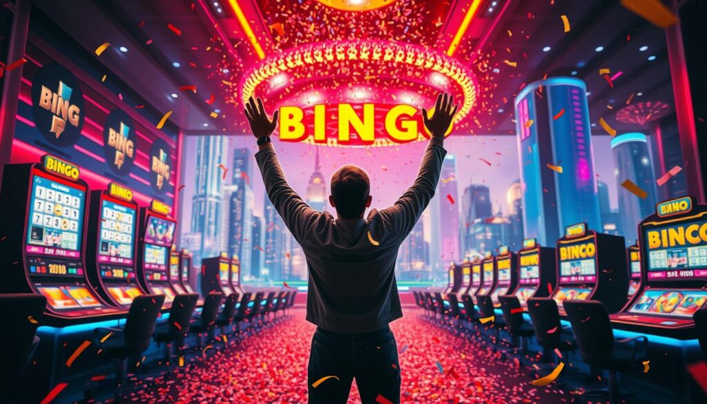 A vibrant scene of a successful online bingo player's journey. In the foreground, a triumphant figure stands amidst a cascade of digital confetti, hands raised in celebration of their hard-earned winnings. The middle ground depicts a stylized bingo hall, with glowing display screens and sleek, modern decor. In the background, a cityscape of skyscrapers and neon lights suggests the thrill and energy of the online gaming world. Warm, saturated lighting casts a sense of excitement and achievement, while a dynamic, cinematic camera angle captures the player's moment of glory. This image is designed to authentically represent the "Success Story" section of the article, conveying the excitement and fulfilment of an online bingo player's triumph.