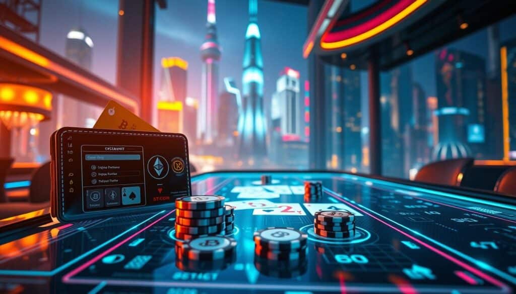 A vibrant scene of cryptocurrency integration in an online casino. In the foreground, a sleek digital wallet interface displays various cryptocurrencies, including Bitcoin and Ethereum. The middle ground features a holographic casino table, with cards and chips subtly glowing with a digital sheen. In the background, a towering skyline of neon-lit skyscrapers reflects the futuristic atmosphere. Soft, warm lighting casts a welcoming glow, while subtle lens flares add depth and dynamism. The overall tone conveys the seamless convergence of modern finance and immersive entertainment, highlighting the potential of cryptocurrency applications in the thriving online gaming industry.