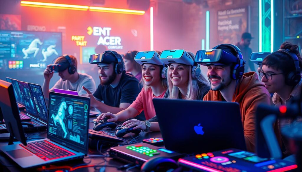 A vibrant scene of online gaming and entertainment activities, featuring a group of lively players immersed in a variety of digital diversions. The foreground showcases a diverse array of gaming devices, including sleek laptops, colorful controllers, and virtual reality headsets, all surrounded by a dynamic array of neon-lit UI elements and digital visualizations. The middle ground depicts the players themselves, their expressions animated with a sense of excitement and camaraderie as they engage in competitive esports, casual party games, and immersive narrative experiences. The background is shrouded in a warm, atmospheric lighting, evoking the energetic ambiance of a modern gaming lounge or esports arena. The overall scene captures the thrill, social connectivity, and technological advancements that define the vibrant world of online gaming and entertainment.
