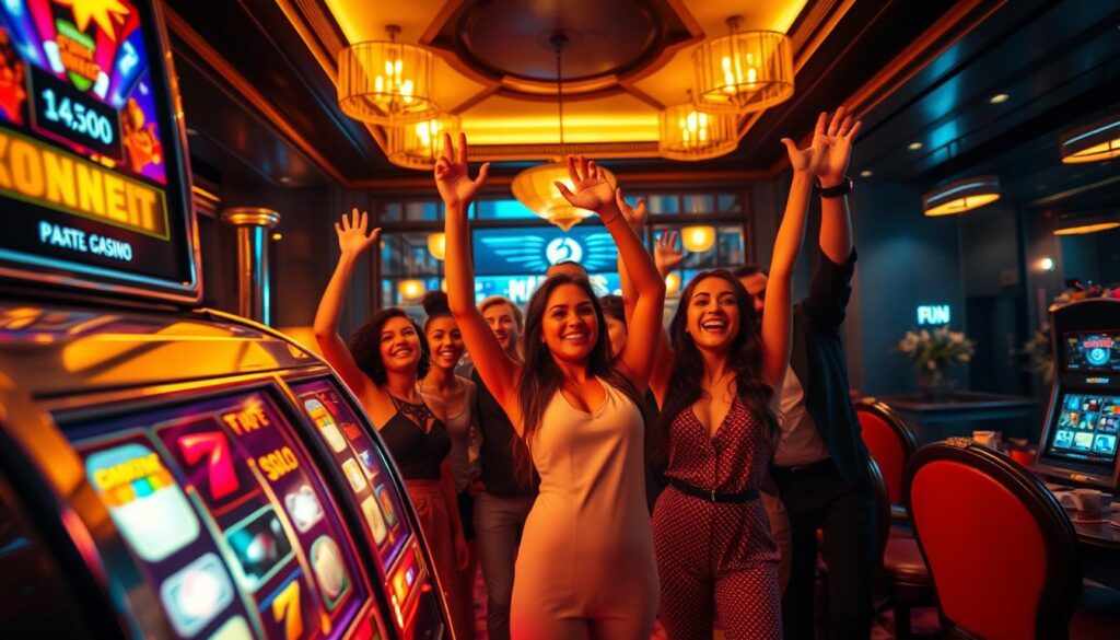 A vibrant scene showcasing the captivating promotions and bonuses of an online entertainment casino. In the foreground, a gleaming slot machine with flashing lights and shimmering reels beckons players, while in the middle ground, a group of excited patrons raise their arms in celebration, their faces aglow with the thrill of potential winnings. The background features a stylish, dimly lit interior with lush decor, hinting at the luxurious atmosphere of the establishment. Warm lighting casts a golden glow, creating an inviting and energetic ambiance that captures the essence of the dynamic online entertainment casino and its alluring promotional offerings.