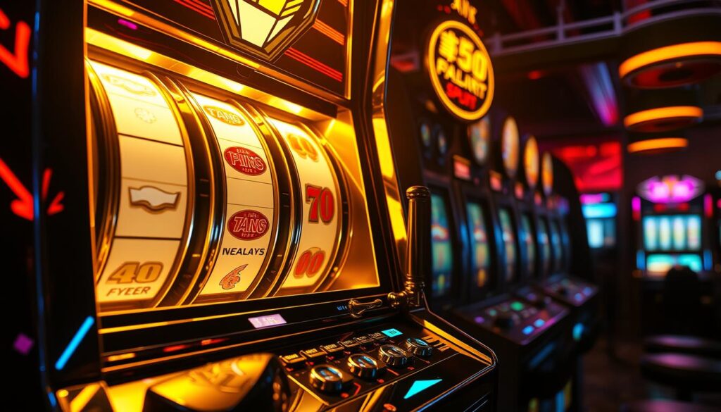 A vibrant slot machine scene with a captivating visual display. Shimmering reels spin against a sleek, futuristic backdrop, bathed in a warm, golden glow. Buttons and levers beckon the player, inviting them to try their luck. The machine's exterior is crafted with precision, featuring intricate details and a polished chrome finish. Surrounding the slot machine, a dimly lit, luxurious casino environment sets the mood, hinting at the thrill and excitement of the gaming experience. Atmospheric lighting casts dramatic shadows, creating a sense of anticipation and potential payouts. The overall scene exudes a palpable energy, capturing the essence of the "老虎機玩法" and its allure for casino enthusiasts.
