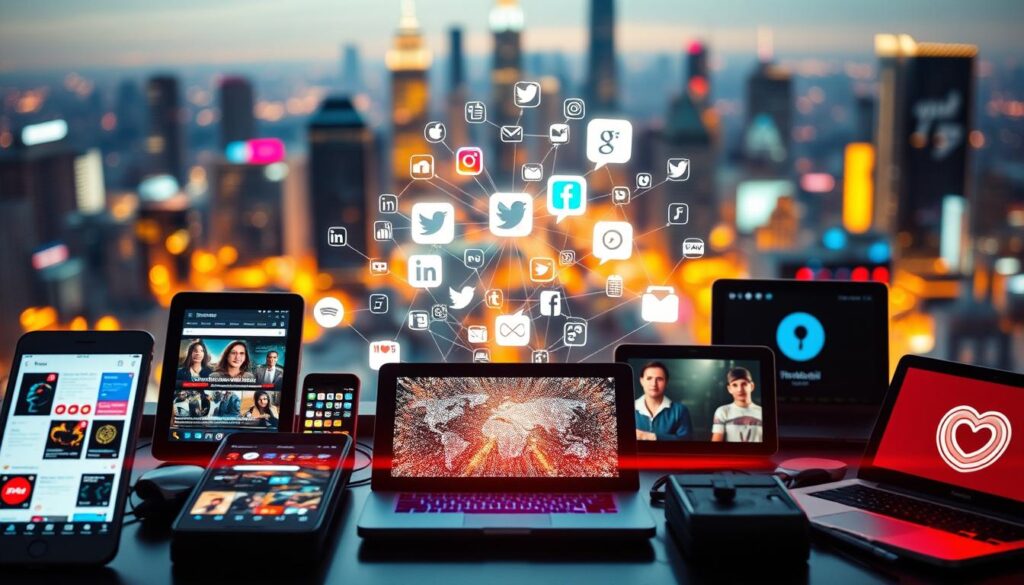 A vibrant social media marketing landscape, showcasing the influential power of digital platforms. In the foreground, a diverse array of digital devices - smartphones, tablets, and laptops - each displaying engaging content and interactive interfaces. The middle ground features a dynamic network of interconnected social media icons, pulsing with activity and engagement. In the background, a blurred cityscape serves as a backdrop, symbolizing the global reach and impact of social media marketing. The scene is illuminated by a warm, soft lighting, creating a sense of connectivity and collaboration. The overall mood conveys the transformative influence of social media on modern marketing strategies and consumer behavior.