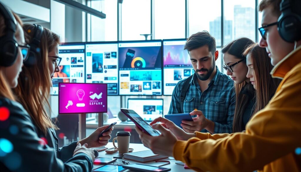 A vibrant social media marketing scene, with a dynamic blend of digital devices, platforms, and strategic planning. In the foreground, a group of young professionals collaborating on a tablet, discussing campaign ideas and metrics. Mid-ground, screens showcase various social media interfaces, each pulsing with engaging content and interactions. In the background, a sleek, modern office space with large windows, allowing natural light to filter in and create a sense of energy and productivity. The overall atmosphere conveys a tech-savvy, innovative, and collaborative environment, reflective of the strategic approach to social media marketing.