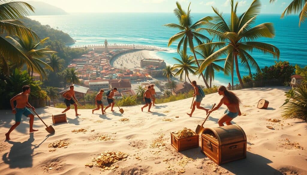 A vibrant, sun-drenched scene of a treasure hunt game set in a lush, tropical landscape. In the foreground, a group of enthusiastic players scour the sandy beach, shovels in hand, searching for hidden chests filled with glittering gold coins and sparkling gemstones. The middle ground reveals a picturesque seaside village, with colorful buildings and swaying palm trees. In the background, a stunning azure ocean stretches out to the horizon, its waves gently lapping at the shore. Soft, diffused lighting bathes the entire scene in a warm, inviting glow, capturing the joy and excitement of the treasure hunting experience and the promise of substantial monetary rewards.