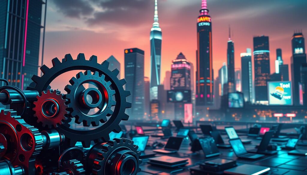 A vibrant visual representation of the core elements of SEO strategy. In the foreground, a cluster of interconnected gears symbolizing the intricate mechanisms powering search engine optimization. The middle ground features an array of digital devices, laptops, and mobile phones, reflecting the diverse platforms where SEO strategies are implemented. In the background, a sleek, futuristic cityscape with towering skyscrapers and neon-lit signage, evoking the dynamic online landscape of the modern digital world. The lighting is crisp, directional, and highlights the interplay of form and function, conveying the precision and dynamism of effective SEO strategies. The overall atmosphere is one of technological sophistication, strategic depth, and digital mastery.