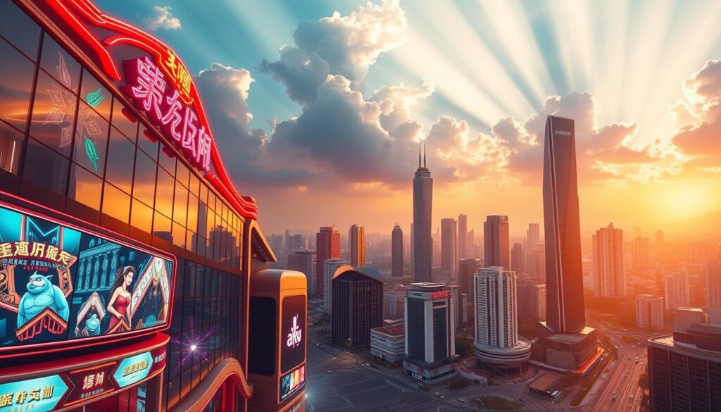 A vibrant visualization of Taiwan's burgeoning online gambling industry. In the foreground, a modern casino facade adorned with neon lights and digital screens, projecting a futuristic ambiance. The middle ground depicts a bustling cityscape, with skyscrapers and infrastructure symbolizing the rapid growth and urbanization. In the background, a cloud-filled sky with rays of light breaking through, conveying a sense of optimism and progress. The scene is illuminated by a warm, golden hue, creating a captivating and immersive atmosphere. Captured through a wide-angle lens, the composition emphasizes the scale and dynamism of Taiwan's evolving online gaming landscape.