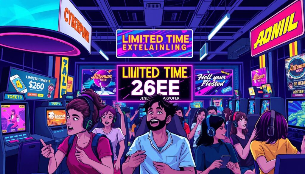 A vibrant, visually captivating illustration of an online gaming entertainment hub, showcasing a limited-time promotional offer. In the foreground, a group of enthusiastic players immersed in various interactive games, their expressions filled with excitement and anticipation. The middle ground features prominent banners and signage, highlighting the limited-time nature of the special offer, with bold, eye-catching typography and dynamic design elements. The background portrays a sleek, modern gaming environment, with clean lines, vivid colors, and subtle lighting effects that create a sense of energy and atmosphere. The overall composition conveys a sense of excitement, accessibility, and the thrill of taking advantage of a fleeting opportunity to elevate the gaming experience.