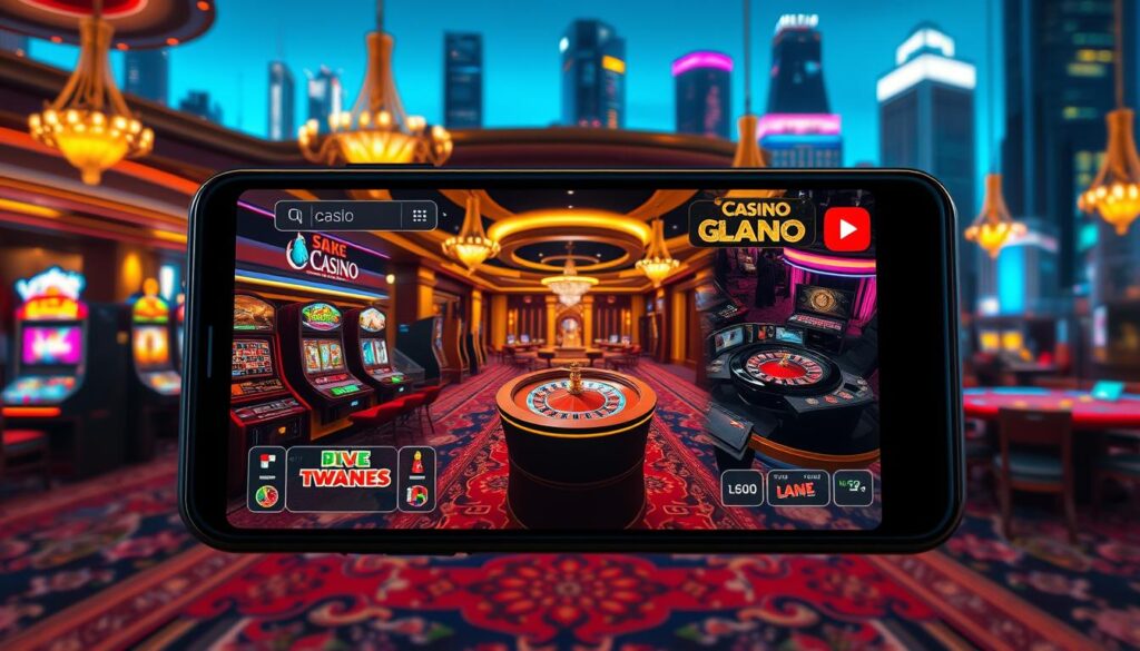 A vibrant, visually captivating online casino scene. In the foreground, a smartphone or tablet displays various casino game interfaces - slot machines, roulette wheels, and card tables. The middle ground showcases a luxurious casino interior with plush carpets, gilded furnishings, and chandeliers casting a warm, inviting glow. In the background, a cityscape of skyscrapers and neon lights suggests the urban, technologically-advanced setting. The overall mood is one of excitement, anticipation, and the thrill of modern digital entertainment. Crisp, high-resolution rendering with a cinematic depth of field, emphasizing the immersive, cutting-edge nature of online casino gaming.
