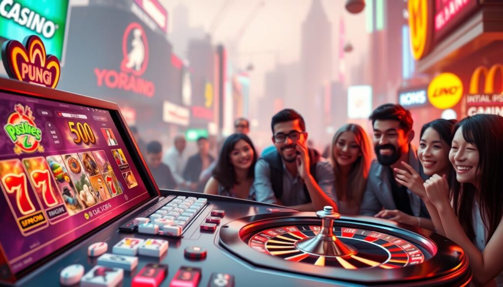 A vibrant, visually captivating scene showcasing the allure of free online casino games. In the foreground, a sleek, modern gaming interface with a variety of colorful, dynamic icons and symbols representing different casino games - slots, roulette, blackjack, and more. The middle ground features a group of animated, enthusiastic players immersed in the gameplay, their expressions exuding excitement and joy. The background is a stylized, hazy cityscape, evoking the energy and thrill of a bustling entertainment district. The lighting is warm and inviting, creating a sense of excitement and anticipation. The overall composition and color palette convey the irresistible appeal of free, high-quality online casino entertainment.