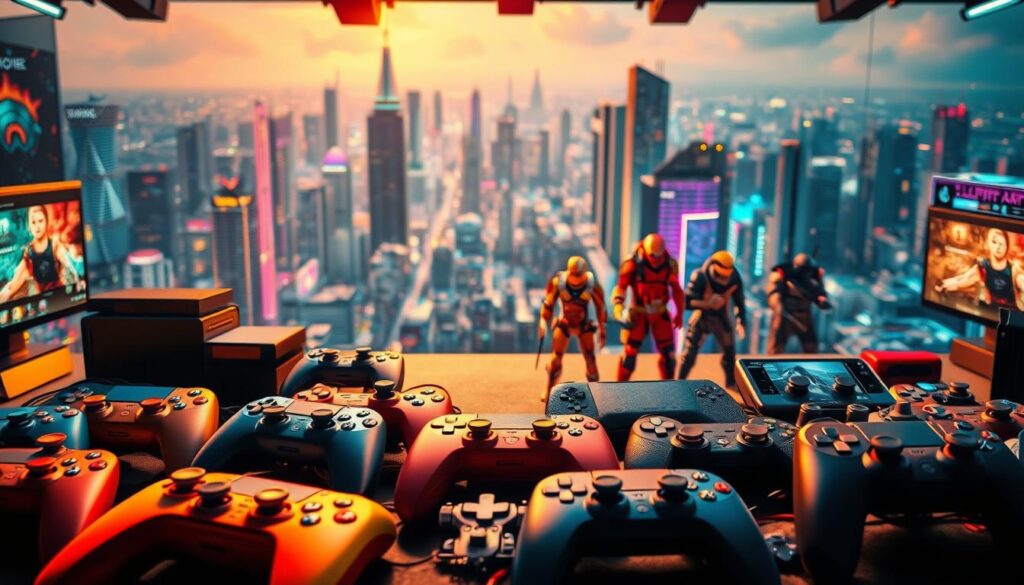 A vibrant, visually engaging display of diverse gaming options, showcasing a wide array of platforms, genres, and experiences. The foreground features an array of colorful game controllers, consoles, and mobile devices, each representing a unique interactive experience. The middle ground depicts lifelike representations of popular game characters in dynamic poses, conveying the immersive and captivating nature of the digital entertainment landscape. In the background, a panoramic view of a bustling, technologically-advanced cityscape sets the stage, hinting at the global reach and interconnectivity of the gaming industry. Warm, natural lighting illuminates the scene, creating a sense of energy and excitement, while a subtle depth of field effect draws the viewer's attention to the central gaming elements. The overall composition conveys the idea of a vibrant, diverse, and ever-evolving gaming ecosystem.
