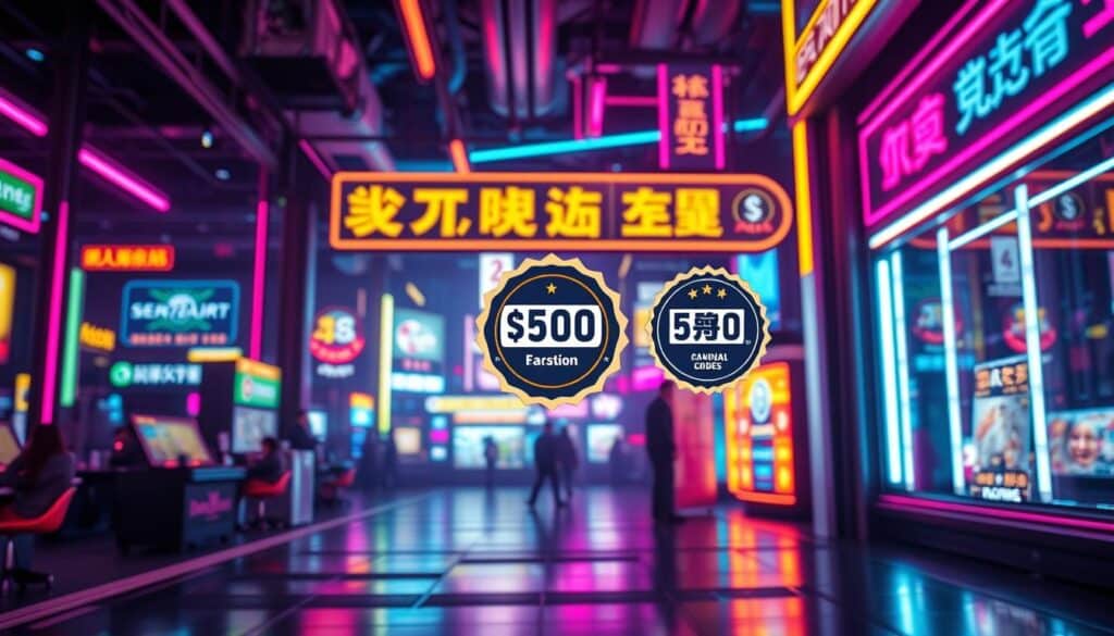 A vibrant, visually engaging image showcasing the most popular online casino promotion codes currently available in Taiwan. Set against a backdrop of neon lights and sleek, modern design elements, the image should prominently feature a dynamic array of digital coupon codes, discount badges, and enticing promotional offers. The foreground should capture the essentials - the core promotional codes themselves - in a clean, easily legible presentation. The middle ground could include eye-catching icons, graphics, and UI elements that further highlight the appeal and value of these top-tier offers. The background should evoke a sense of excitement and anticipation, perhaps with subtle animations or subtle pulsing effects to draw the viewer's attention. Overall, the image should convey a polished, cutting-edge aesthetic that resonates with Taiwan's tech-savvy online gaming audience.