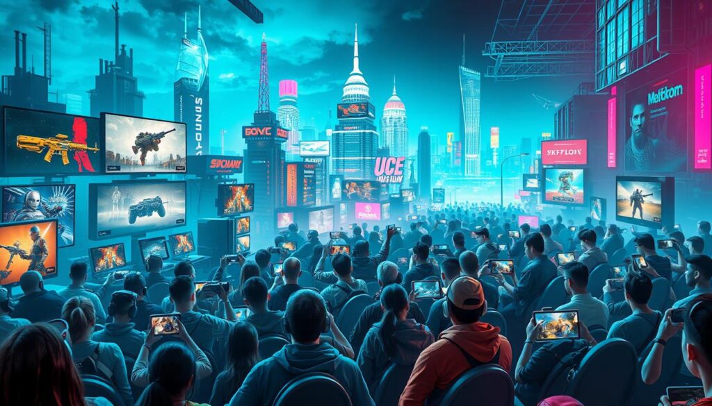 A vibrant, visually-engaging scene depicting the diverse gaming choices available in the online entertainment industry. In the foreground, a crowd of gamers engrossed in a variety of gaming platforms - consoles, PCs, mobile devices - representing the multitude of options catering to different preferences. The middle ground showcases a range of classic and contemporary game genres, from action-packed shooters to immersive RPGs and strategic simulations, creating a sense of the breadth of gaming experiences. The background features a futuristic cityscape, hinting at the evolving technological landscape that enables these diverse gaming possibilities. The lighting is bright and energetic, conveying a sense of excitement and dynamism within the gaming ecosystem. The overall composition and perspective draw the viewer into the heart of this vibrant, multifaceted gaming world.