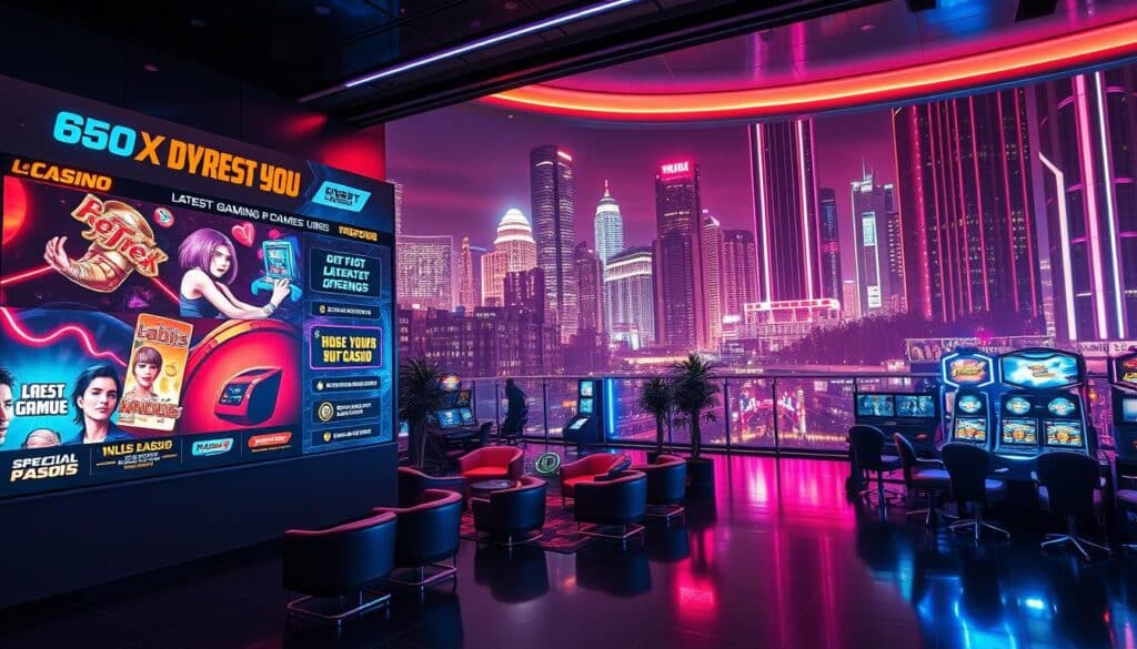 A vibrant, visually striking casino gaming promotion event in a sleek, modern setting. The foreground features a large, eye-catching display showcasing the latest casino game offerings and special bonuses, with bold, enticing graphics and animated elements. The middle ground showcases an inviting, stylish lounge area with plush seating and gaming terminals, creating an atmosphere of refined luxury and entertainment. The background depicts a sweeping cityscape view, with neon-lit skyscrapers and a bustling nightlife setting, exuding a sense of excitement and urban energy. The overall composition is balanced, with a cohesive color palette of rich, jewel-toned hues and dramatic lighting to convey a sense of high-stakes thrills and unparalleled gaming experiences.