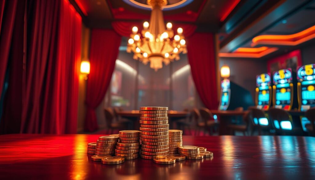 A vibrant, visually striking composition depicting "新會員優惠" in the context of an online entertainment casino. Place the main subject, a stack of gold coins and casino chips, prominently in the foreground, illuminated by a warm, inviting spotlight. In the middle ground, create a sense of luxury and exclusivity with plush velvet curtains, polished wooden surfaces, and a glittering chandelier overhead. In the background, subtly hint at the casino setting with blurred slot machines and gaming tables, creating a sense of energy and excitement. Use a cinematic, high-contrast lighting setup to enhance the dramatic, atmospheric quality, with strong shadows and highlights to draw the viewer's eye. Strive for a visually compelling, visually polished aesthetic that effectively communicates the "新會員專屬優惠" concept.