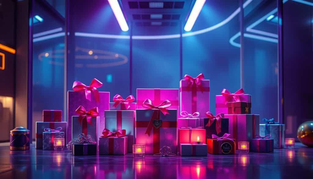 A vibrant, visually striking display showcasing the latest promotional offerings from the online entertainment casino. Set against a sleek, modern backdrop, the scene features an array of enticing gift packages, each carefully curated and presented with a sense of luxury and exclusivity. Soft, directional lighting accentuates the high-quality textures and materials, drawing the viewer's eye to the alluring contents within. The overall composition is balanced and harmonious, conveying a sense of excitement and anticipation for the limited-time deals on offer. The image exudes a sense of exclusivity and premium quality, perfectly capturing the essence of the "latest promotional offerings" described in the section title.