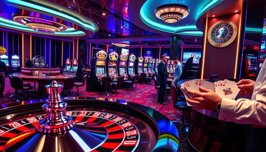 A vibrant, visually striking online casino scene featuring a variety of popular casino games. In the foreground, a roulette wheel spins, its metallic spokes gleaming under dramatic lighting. Nearby, a dealer expertly shuffles a deck of cards, their hands a blur of precision. In the middle ground, rows of slot machines beckon with their colorful, flashing displays. The background is filled with the sleek, glossy aesthetics of a high-end casino interior, with plush carpeting, polished wood accents, and strategically placed mood lighting. The overall atmosphere is one of excitement, energy, and the thrill of the gaming experience. The image conveys the premium quality and engaging nature of the recommended online casino games.