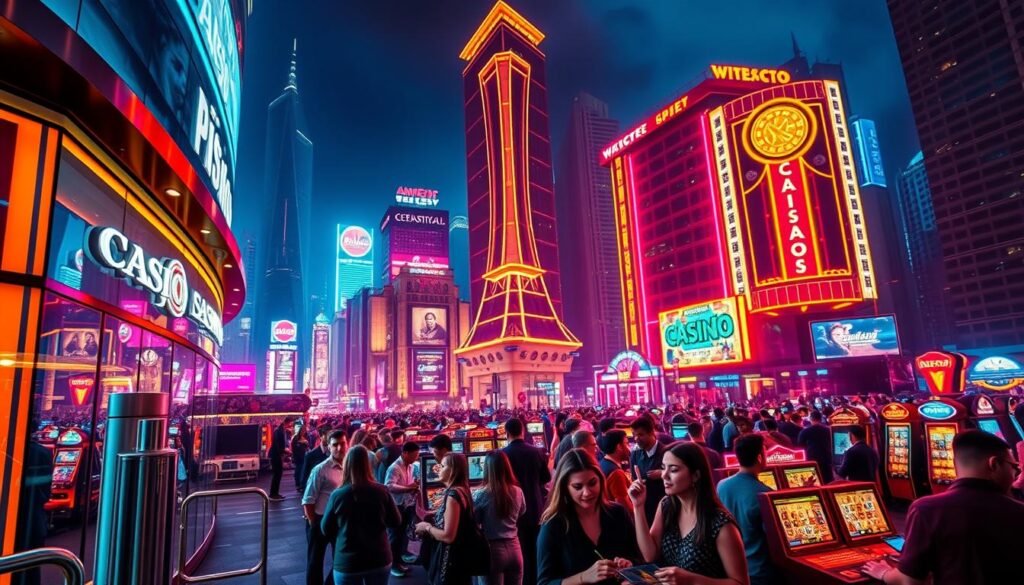 A vibrant, visually striking scene showcasing the importance of choosing a safe online casino. In the foreground, a sleek, modern casino facade illuminated by warm, inviting lighting. The middle ground features a crowd of people enjoying various casino games, their expressions conveying a sense of excitement and security. In the background, a cityscape of towering skyscrapers and neon signage, symbolizing the bustling digital landscape. The overall atmosphere exudes a balance of sophistication, entertainment, and unwavering safety, inviting the viewer to experience the thrill of a trustworthy online casino.