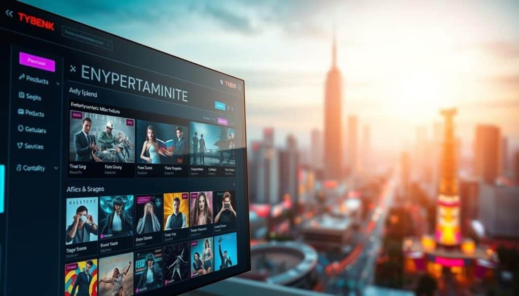 A vibrant website interface showcasing the optimization of entertainment city content. In the foreground, a sleek, modern user dashboard with intuitive navigation and multimedia elements. In the middle ground, visually appealing product tiles and service offerings, enhanced by strategic SEO-driven content. The background features a blurred cityscape, symbolizing the broader online landscape where the optimized website thrives. Soft, natural lighting illuminates the scene, creating a sense of clarity and professionalism. The overall composition conveys a streamlined, user-centric approach to content optimization, tailored for the dynamic entertainment city industry.