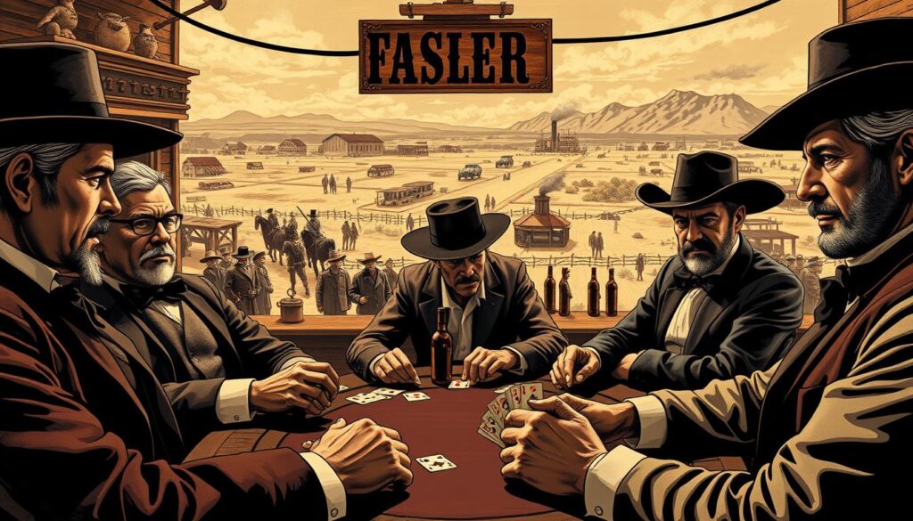 A vintage-style illustration depicting the storied history of Texas Hold'em poker. In the foreground, a group of 19th-century gentlemen in formal attire are engaged in a high-stakes game, their faces etched with concentration. The middle ground features a saloon scene, complete with swinging doors, whiskey bottles, and a lively crowd of onlookers. In the background, a panoramic view of the Old West unfolds, with dusty frontier towns, steam-powered riverboats, and rugged landscapes. The overall scene is bathed in a warm, sepia-toned palette, evoking a sense of nostalgia and the golden age of gambling. The composition captures the timeless allure and evolution of this iconic card game.