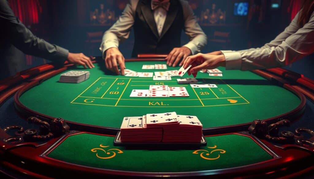 A visually captivating illustration showcasing the rules and flow of the baccarat game. In the foreground, a meticulously detailed baccarat table is depicted, with the iconic green felt surface and ornate wooden edges. The middle ground features a dealer's hands expertly dealing cards, while players' hands reach in to place their bets. The background is dimly lit, creating a sense of exclusivity and excitement, with subtle lighting highlighting the game's intricacies. The overall atmosphere conveys the sophistication and elegance of the baccarat experience, inviting the viewer to delve into the rules and strategies of this timeless casino classic.