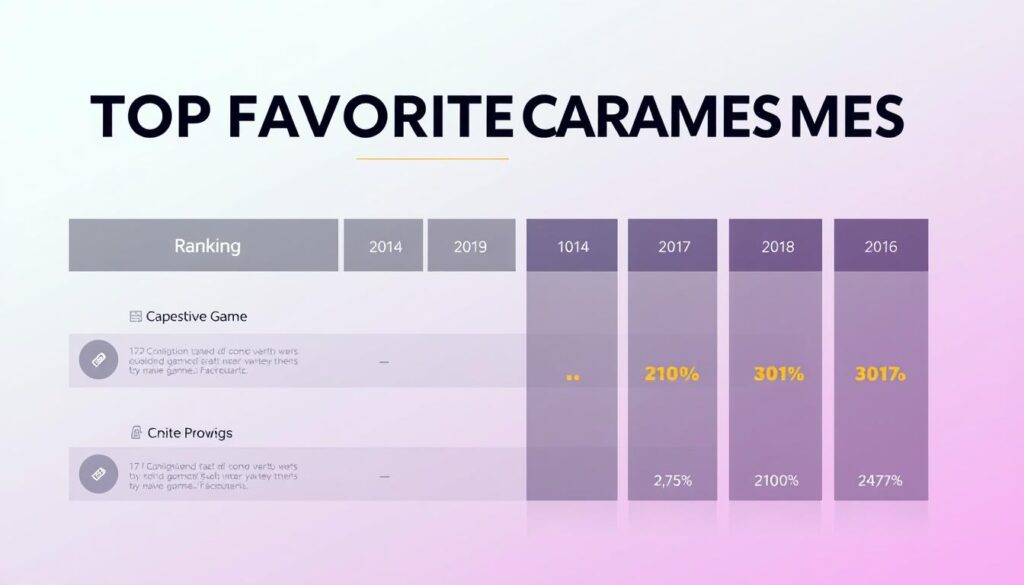 A visually captivating infographic showcasing the "Top Favorite Casino Games" ranking, presented in a sleek and modern style. The layout features a minimalist design with clean lines and a bold color scheme, highlighting the game titles and their corresponding popularity levels. The background is a soft, pastel gradient, creating a calming and inviting atmosphere. The infographic elements are arranged in a balanced, grid-like composition, with subtle 3D effects and depth to add visual interest. The overall presentation conveys a sense of professionalism and authority, reflecting the subject matter and providing a visually engaging experience for the viewer.