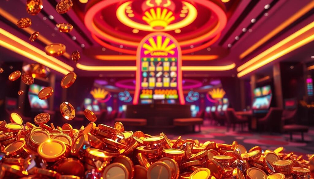 A visually captivating scene depicting the rewards and incentives of an online casino platform. In the foreground, a cascade of shimmering gold coins and sparkling gems tumbles across the frame, reflecting a warm, inviting glow. In the middle ground, a towering jackpot display illuminates the scene, its vibrant neon lights casting a hypnotic allure. The background features a sleek, modern casino interior, with stylish furnishings and a sense of luxurious indulgence. The overall atmosphere exudes a captivating mix of excitement, prosperity, and the promise of thrilling entertainment.