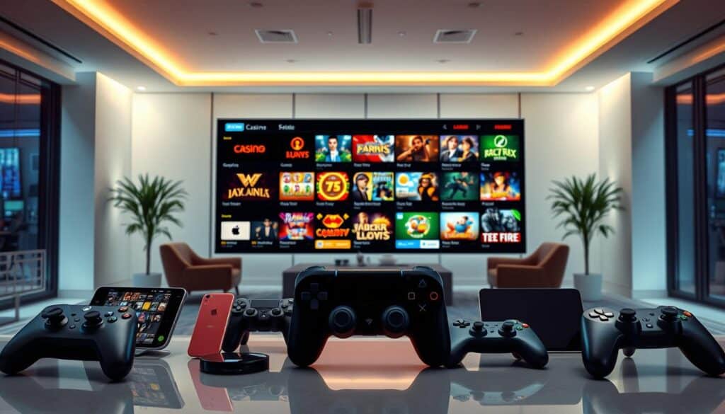 A visually captivating scene depicting the selection of an entertainment platform. In the foreground, various gaming devices such as smartphones, tablets, and controllers are displayed, showcasing the diverse options available. The middle ground features a large, modern display screen showcasing different online casino games, slots, and live dealer experiences. The background is a sleek, minimalist office setting, with clean lines and modern furniture, suggesting a professional and sophisticated environment. The lighting is soft and warm, creating a welcoming and inviting atmosphere. The overall composition conveys a sense of choice, technological integration, and the luxury of modern online entertainment.