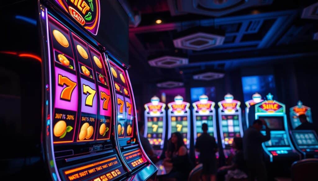 A visually captivating video slot machine stands in the foreground, its sleek chrome and neon accents gleaming under soft, diffused lighting. The reels spin hypnotically, their symbols - cherries, sevens, and golden coins - popping with vibrant colors. In the middle ground, the machine's curved, ergonomic design invites the player to lean in, captivated by the alluring gameplay. The background is a dimly lit, atmospheric casino setting, with shadowy figures gathered around other slot machines, their faces lit by the glow of the screens. The overall scene conveys a sense of excitement, anticipation, and the thrill of potential winnings, perfectly capturing the allure of the video slot machine experience.