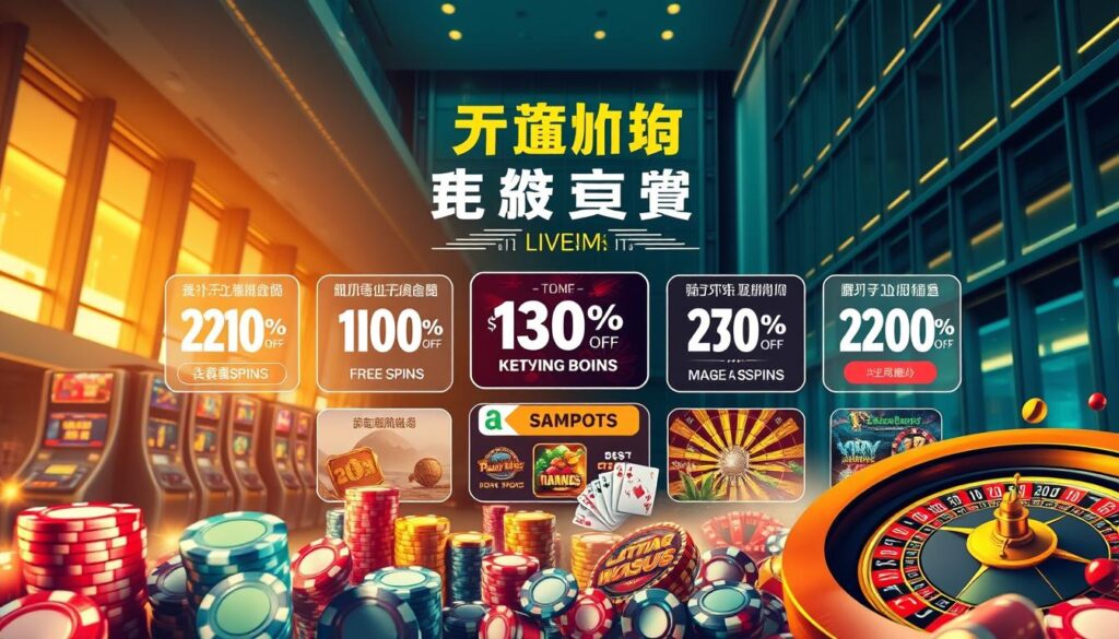 A visually compelling illustration of the diverse gaming promotions offered by Taiwanese online casinos. In the foreground, a rich tapestry of casino chips, slot machines, and roulette wheels hint at the thrilling gameplay within. The middle ground showcases a variety of promotional banners and icons, highlighting tempting bonuses, free spins, and lucrative jackpots. Against a backdrop of sleek, modern architecture, the scene evokes the excitement and convenience of online gaming. Warm lighting casts a welcoming glow, while a clean, polished aesthetic conveys a sense of professionalism and trustworthiness. The overall composition balances dynamism and sophistication, capturing the essence of the diverse gaming promotions available to Taiwanese online casino enthusiasts.