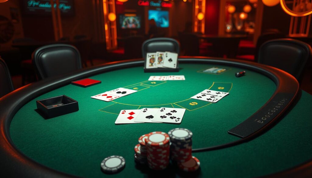 A visually striking and detailed illustration of the basic rules and gameplay of Baccarat, the classic casino game. Set against a dimly lit casino table, the image depicts the essential elements of the game, including the green felt playing surface, the dealer's area, and the players' positions. The cards, dealt face-up, showcase the iconic Baccarat suits and values, while the chips in various denominations are arranged neatly on the table. The lighting is warm and atmospheric, creating a sense of elegance and sophistication. The overall composition is balanced and visually appealing, inviting the viewer to delve into the strategic intricacies of this timeless casino game.