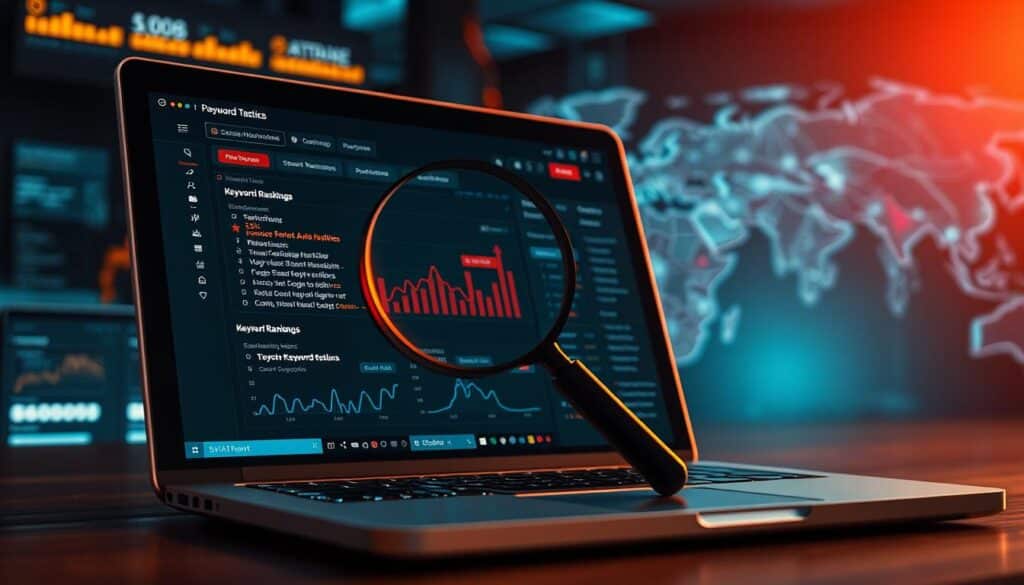 A visually striking and informative scene depicting the process of tracking keyword rankings. In the foreground, a laptop screen displays a detailed analytics dashboard with live keyword position data, graphs, and charts. The middle ground features a magnifying glass hovering over the screen, symbolizing the close examination of these critical SEO metrics. In the background, a world map or search engine results page (SERP) visualization suggests the global reach and scale of the keyword tracking effort. Warm, focused lighting casts a professional, authoritative tone, while a muted color palette of blues, grays, and neutrals maintains a clean, modern aesthetic. The overall impression conveys the importance of diligently monitoring keyword performance to drive website visibility and success.