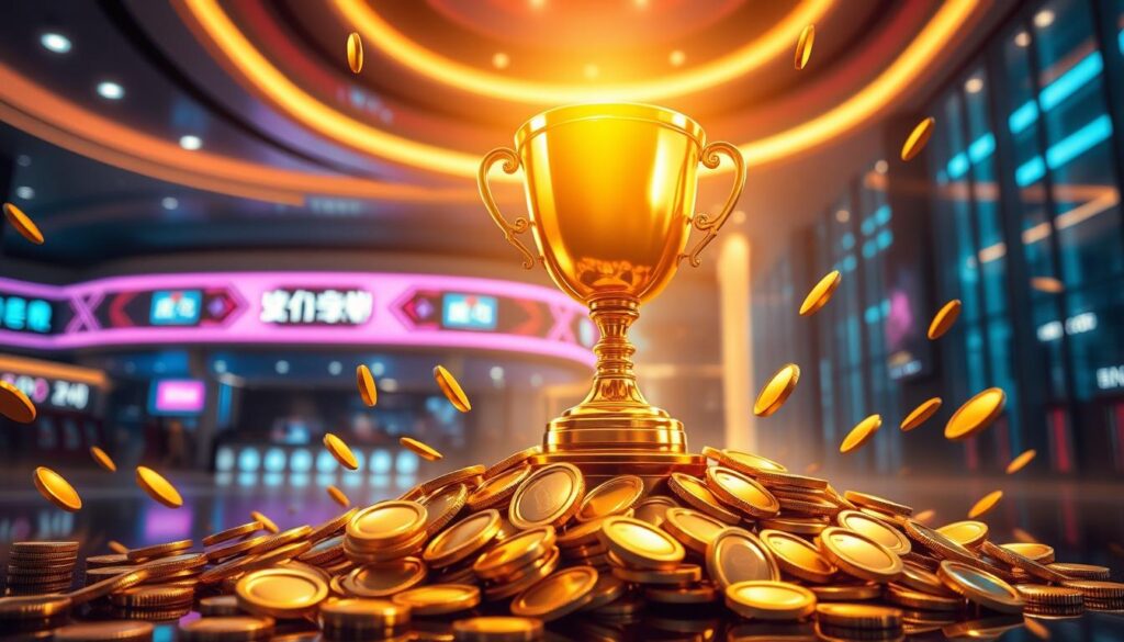 A visually striking composition depicting the standard for rapid online casino game prize payouts. In the center, a golden trophy stands tall, reflecting the warm lighting and casting a radiant glow. Surrounding it, a series of gleaming coins cascade downwards, representing the swift and efficient payout process. In the background, a sleek, modern casino facade emerges, hinting at the high-tech, digital nature of the experience. The overall scene conveys a sense of excitement, success, and a streamlined, user-friendly payout system that caters to the needs of Taiwan's online casino players.