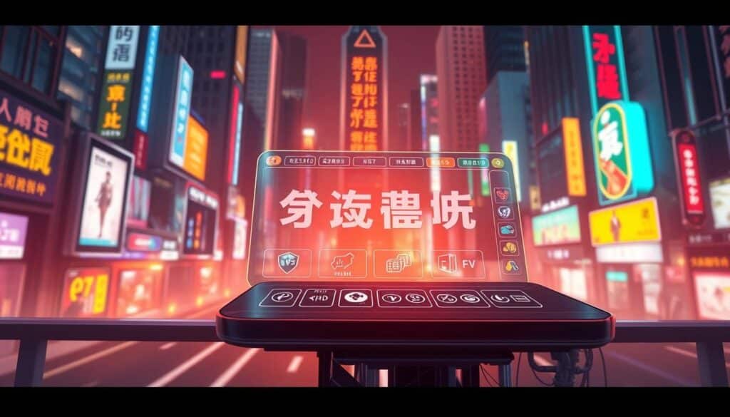 A visually striking illustration depicting a "娛樂城選擇指南" for Taiwanese players. The scene features a sleek, modern platform interface with various interactive game icons and navigational elements. The interface is presented against a backdrop of a dynamic, neon-lit cityscape, conveying a sense of urban energy and excitement. Lighting is dramatic, with warm tones and strategic highlights guiding the viewer's attention. The composition is balanced and visually engaging, using depth of field and carefully framed elements to create a sense of depth and visual interest. The overall mood is one of sophistication, innovation, and the thrill of online entertainment.