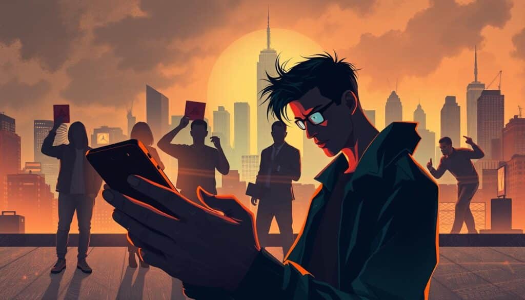 A visually striking illustration depicting various techniques to avoid becoming a victim of online gambling scams. The foreground showcases a person carefully scrutinizing a smartphone screen, representing the importance of vigilance. In the middle ground, silhouettes of people offer cautionary gestures, emphasizing the need for situational awareness. The background depicts a cityscape, hinting at the pervasive nature of these scams. The lighting is a mix of warm and cool tones, creating a sense of caution and unease. The overall composition conveys a sense of alertness and the need to proactively protect oneself from fraudulent activities.