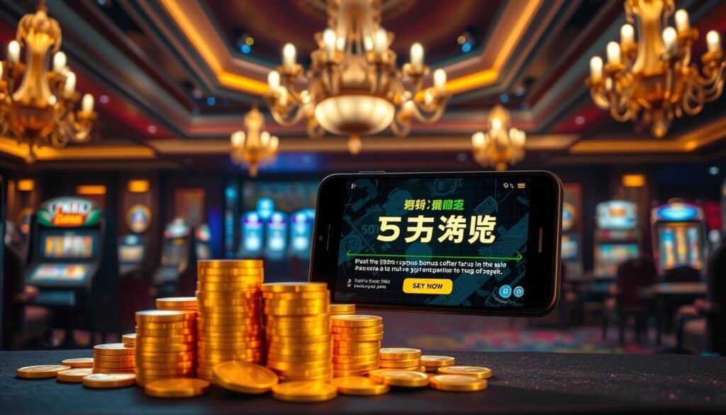 A visually striking image of "體驗金免流水" in an online casino gaming setting. Set in a dimly lit, luxurious casino interior with ornate chandeliers and plush furnishings. In the foreground, a stack of gold coins and casino chips, casting a warm glow. In the middle ground, a mobile device displaying the casino's promotional offer of "體驗金免流水" against a backdrop of blurred slot machines and gaming tables. The overall atmosphere evokes a sense of excitement and anticipation for new players to experience the casino's welcoming bonus offer.