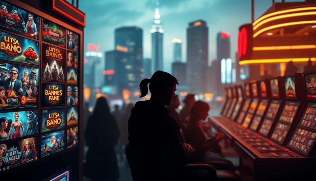 A visually striking scene of an online casino game selection, showcasing a diverse array of options. In the foreground, a thoughtfully curated display of various game tiles, each with vivid and enticing graphics that draw the viewer's attention. The middle ground features silhouettes of players immersed in the gameplay, their expressions conveying a sense of captivation and excitement. In the background, a softly blurred landscape of skyscrapers and neon lights, suggesting an urban, metropolitan environment. The lighting is warm and inviting, with strategic use of highlights and shadows to create depth and dimension. The overall atmosphere evokes a sense of endless possibilities and the thrill of discovering new gaming experiences.