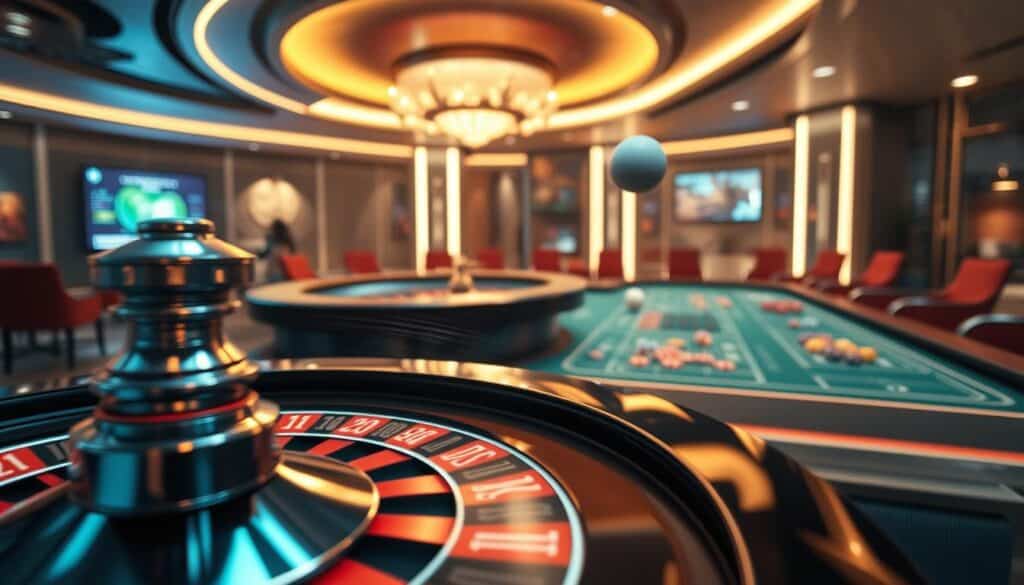 A visually striking scene of an online casino game, with dynamic and realistic gameplay elements. In the foreground, a close-up view of a roulette wheel spinning rapidly, the ball gracefully arcing through the air. The middle ground features a virtual gaming table, with stylized chips and cards scattered across the surface, conveying the thrill and tension of high-stakes gameplay. The background is a sleek, modern casino interior, with soft lighting and a sense of elegance. The overall composition evokes a sense of excitement and the allure of chance, while maintaining a polished, high-quality aesthetic suitable for a detailed analysis of win/loss probabilities.