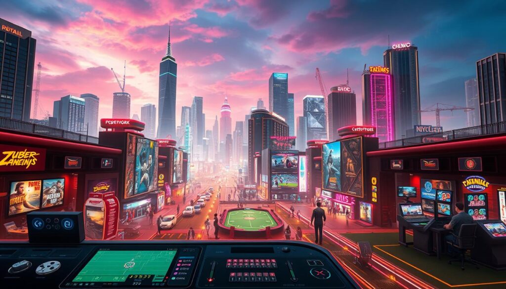 A visually stunning and trustworthy online entertainment hub set against a backdrop of a vibrant city skyline. In the foreground, a sleek and modern casino-style gaming platform with polished interfaces and intuitive controls, inviting players to immerse themselves in a world of thrilling games and secure transactions. The middle ground features a diverse range of entertainment options, from live-streamed sports events to interactive multiplayer experiences, all seamlessly integrated and easily accessible. In the background, a cityscape of towering skyscrapers and neon-lit streets, conveying a sense of urban sophistication and a thriving digital ecosystem. The entire scene is bathed in a warm, inviting glow, creating an atmosphere of trust, reliability, and excitement for the discerning online player.