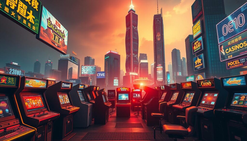 A vivid panorama depicting the evolution of online gaming in Taiwan. In the foreground, an array of retro arcade cabinets and early computer terminals hint at the dawn of digital entertainment. The middle ground features sleek, modern gaming rigs and smartphones, symbolizing the rise of mobile and online casino platforms. In the background, a towering skyscraper skyline reflects the growth of the industry, with neon-lit billboards advertising the latest slots and table games. Warm, golden lighting casts a nostalgic glow, while a sense of technological progress permeates the scene. The composition conveys the rich history and continued development of Taiwan's thriving online gaming landscape.