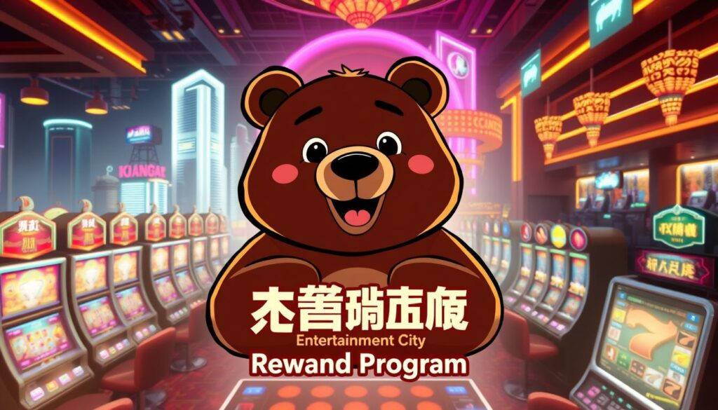 A warm and inviting casino scene with a friendly cartoon bear at the center, highlighting the "XiongBear Entertainment City" logo and "Reward Program" in the foreground. The bear is surrounded by a vibrant atmosphere of flashing lights, slot machines, and gaming tables, set against a backdrop of a modern city skyline. The lighting is soft and inviting, creating a welcoming ambiance. The composition emphasizes the notion of rewards and payouts, with subtle visual cues alluding to the casino's promotional offers. The scene conveys a sense of excitement and anticipation, tailored to appeal to the Taiwanese gaming audience.